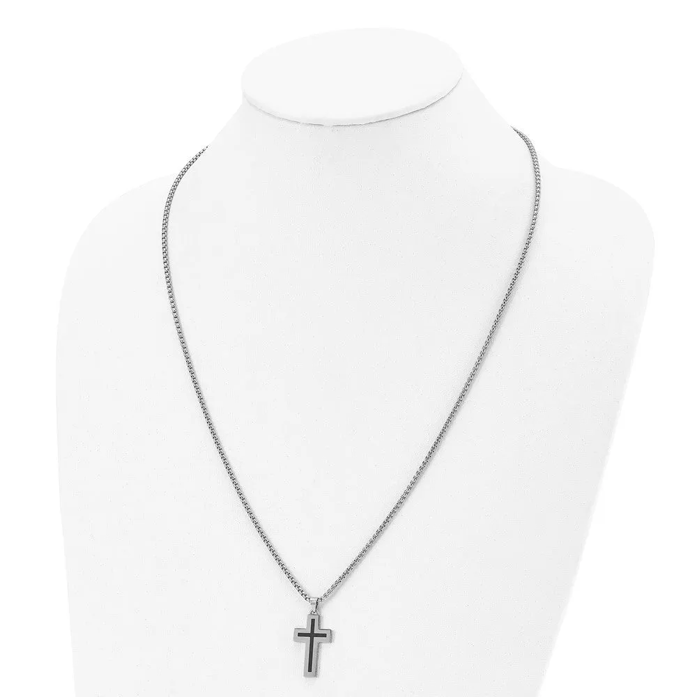 Stainless Steel & Black Enamel Small Cross Necklace, 24 Inch