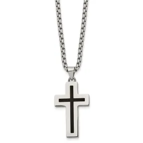 Stainless Steel & Black Enamel Small Cross Necklace, 24 Inch