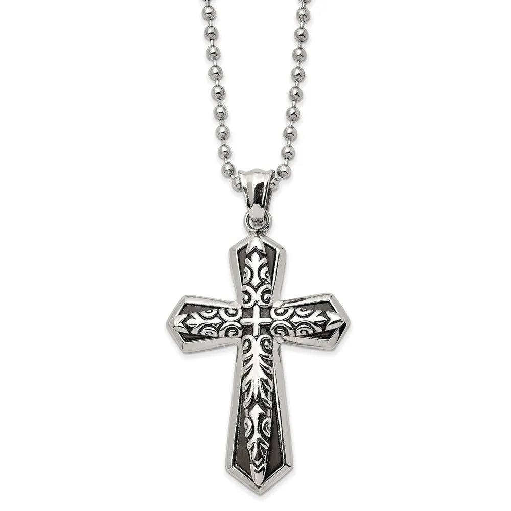 Stainless Steel Antiqued Black Plated LG Passion Cross Necklace, 22 In