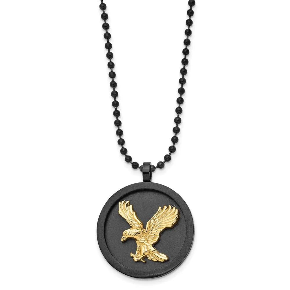 Stainless Steel Black & Gold Tone Plated Eagle Disc Necklace, 24 Inch