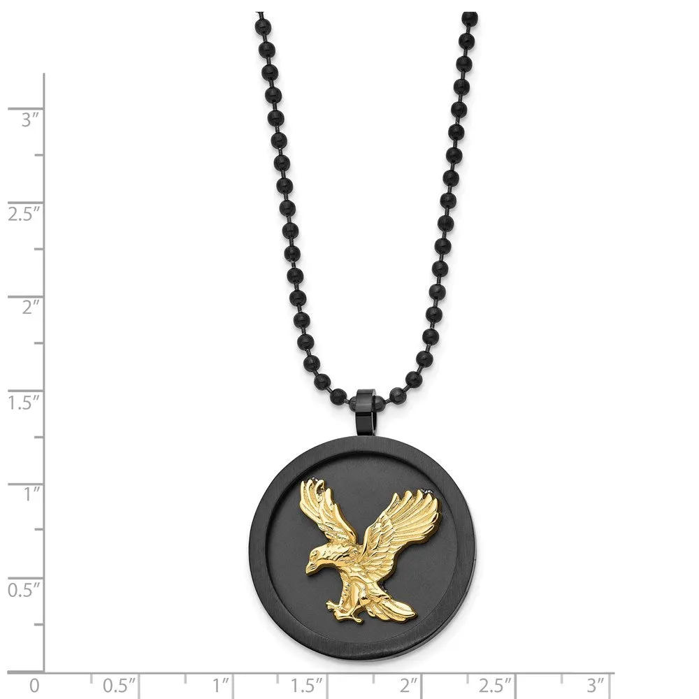 Stainless Steel Black & Gold Tone Plated Eagle Disc Necklace, 24 Inch