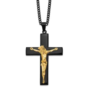 Stainless Steel Black & Gold Tone Plated LG Crucifix Necklace, 24 Inch