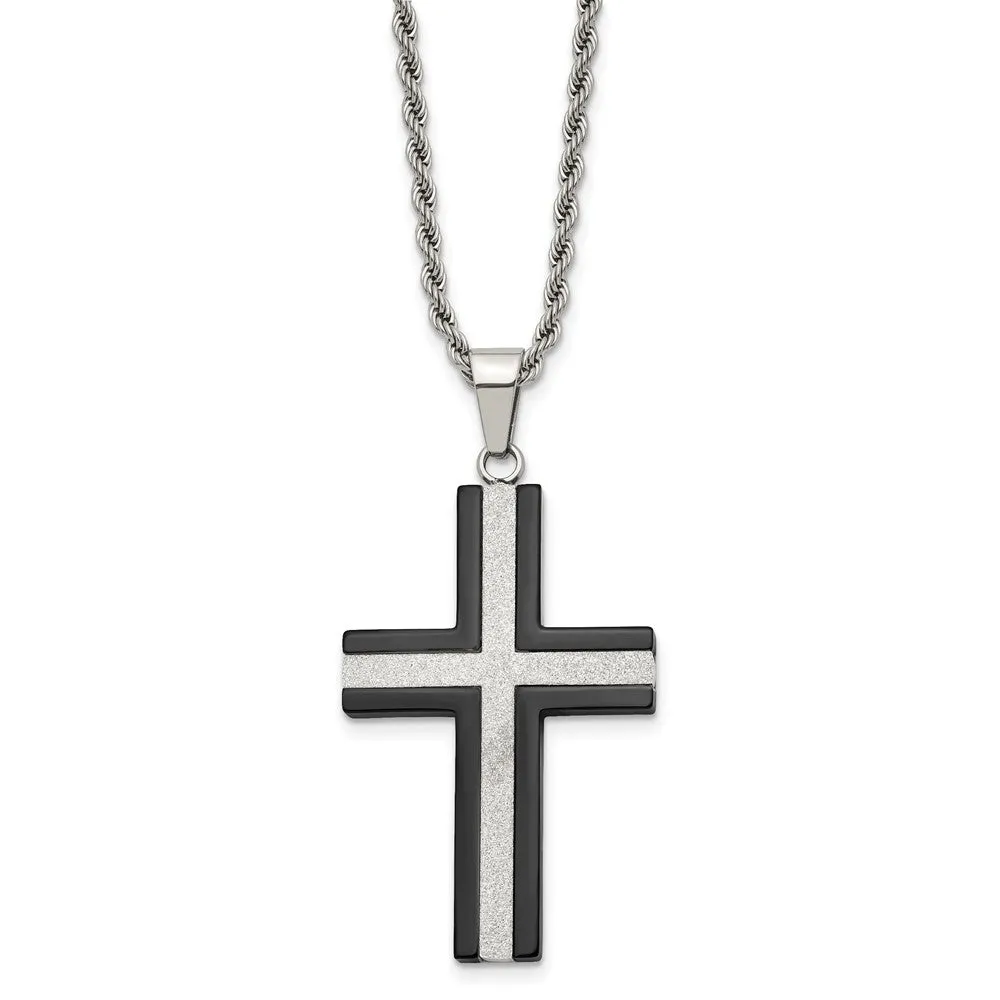 Stainless Steel Polished Black Plated & Laser Cut Cross Necklace, 24in