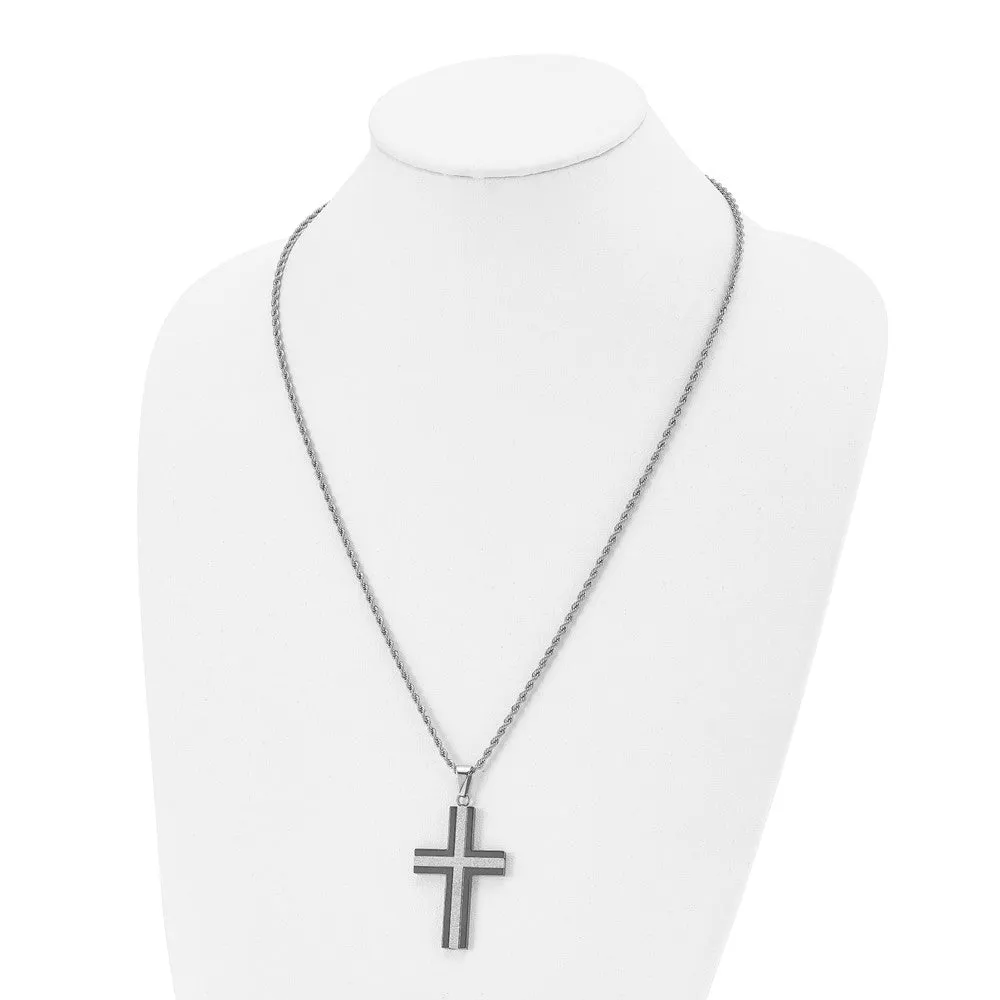 Stainless Steel Polished Black Plated & Laser Cut Cross Necklace, 24in