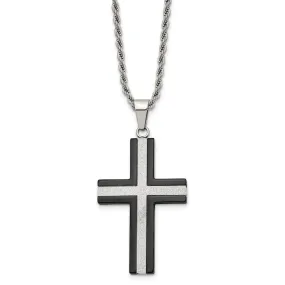 Stainless Steel Polished Black Plated & Laser Cut Cross Necklace, 24in