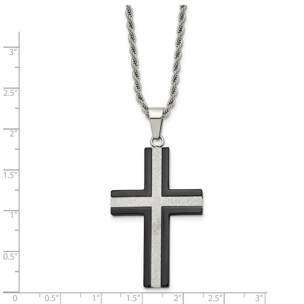 Stainless Steel Polished Black Plated & Laser Cut Cross Necklace, 24in