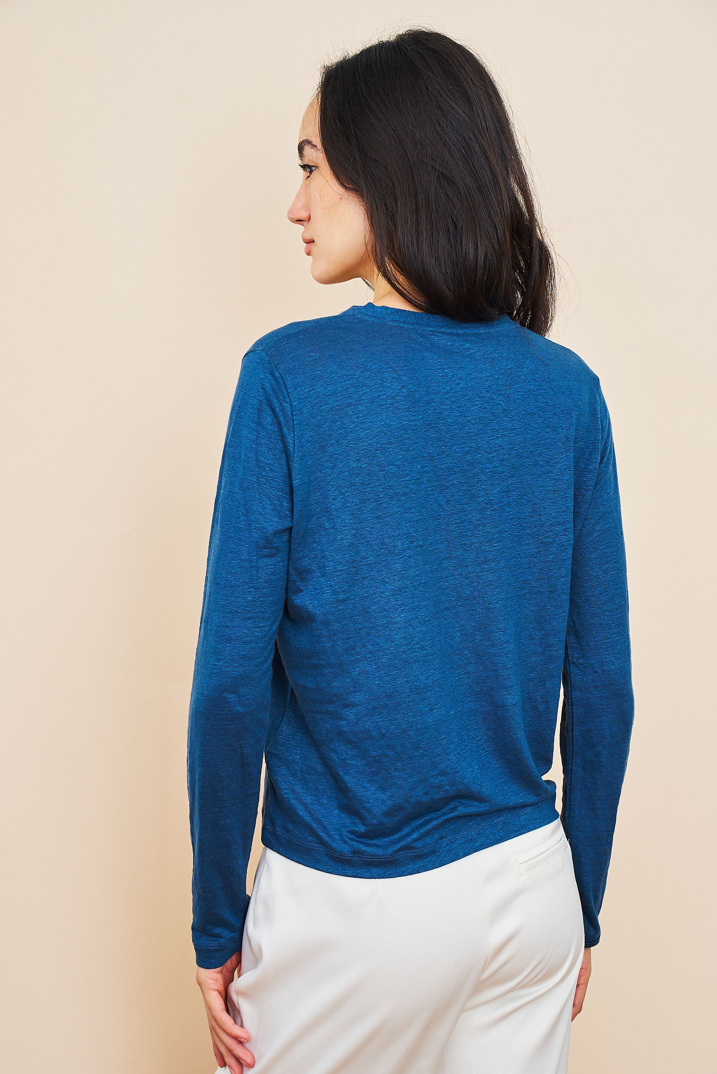 Stretch Linen V-Neck Cardigan in Bleu Taormina