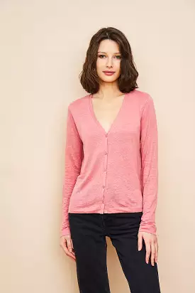 Stretch Linen V-Neck Cardigan in Bouton De Rose