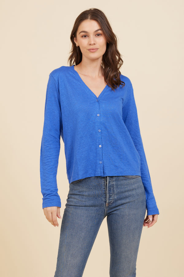 Stretch Linen V-Neck Cardigan in Mediterranean