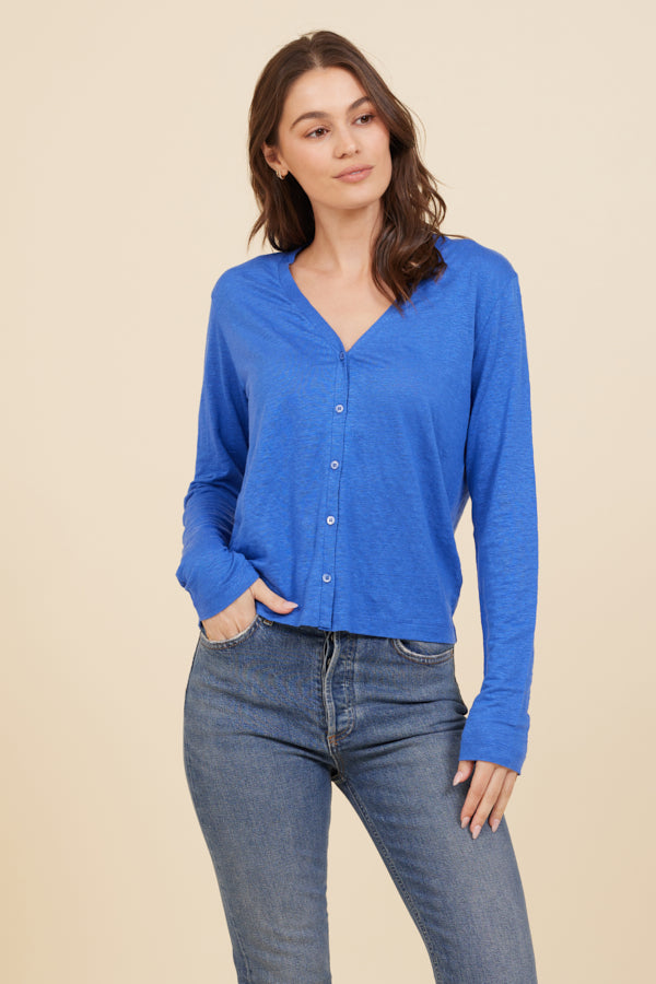 Stretch Linen V-Neck Cardigan in Mediterranean