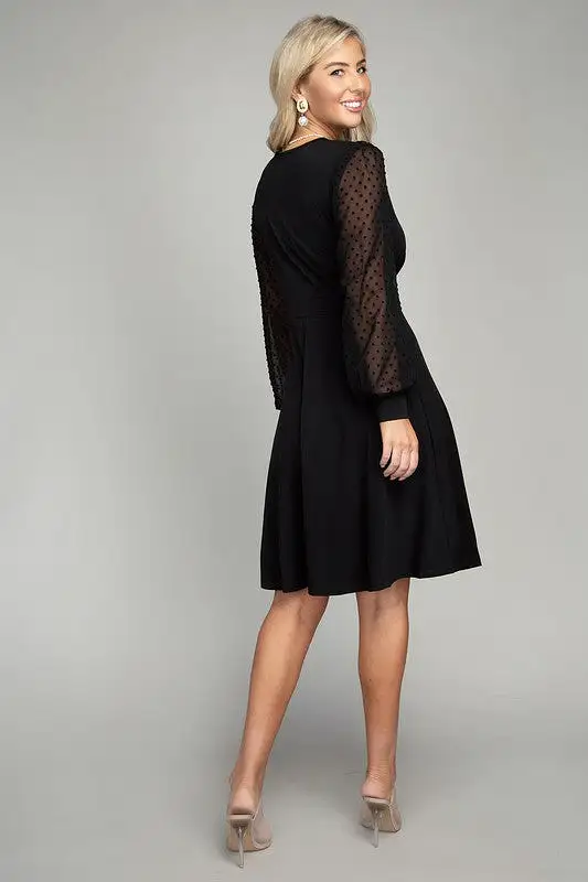 Swiss Dot puff Sleeve V neck Dress