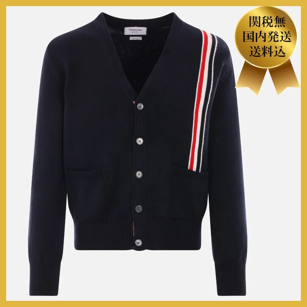 THOM BROWNE  |Stripes Plain Cotton Logo Designers Cardigans