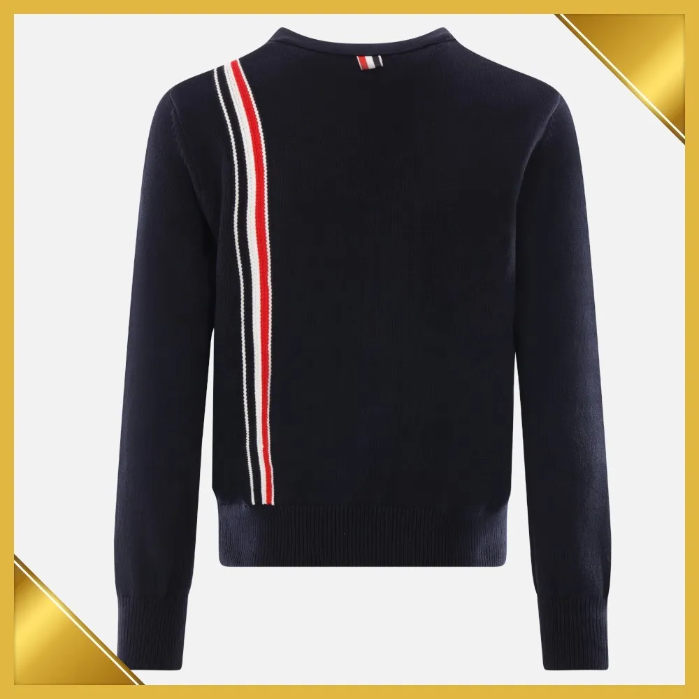 THOM BROWNE  |Stripes Plain Cotton Logo Designers Cardigans