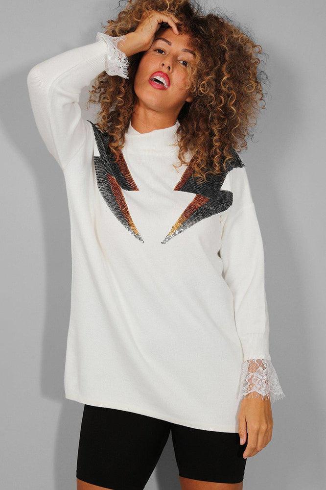 White Sequinned Lightning Lace Sleeve Trim Soft Knit Pullover