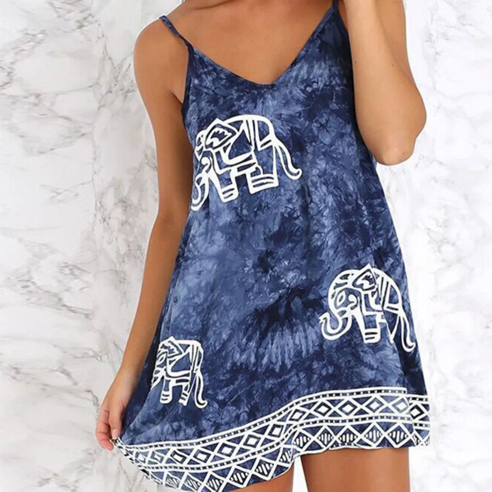 Women Elephant Print Cami Dress Floral Ethnic Casual Dresses Boho Gypsy Sunflower Animal vestidos femininos vestido de festa SM6