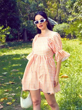 Women Peach Check Puff Sleeves Mini Dress