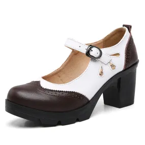 Women's Brown Genuine Leather Handmade Hollow Square High Heels