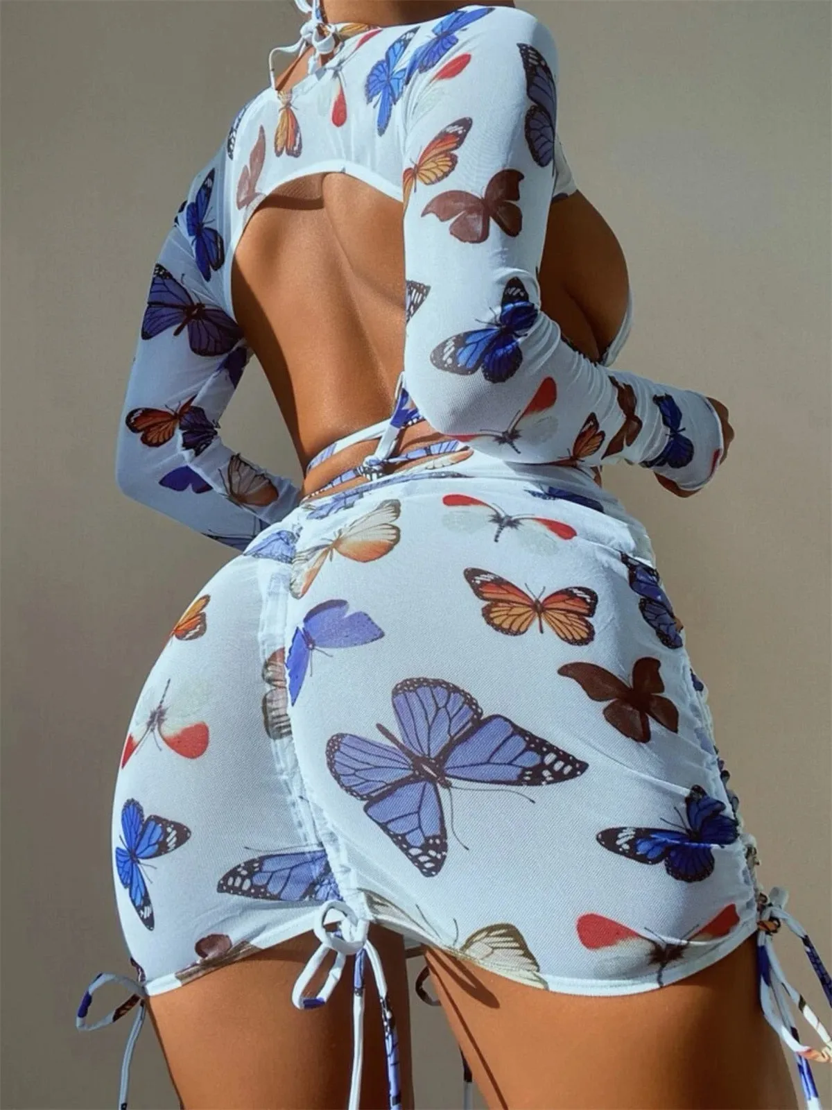 Women's Butterfly Printed Long Sleeve Cover-Up Pleated 4 Piece Bikinis Set