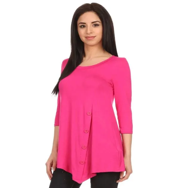 Womens Casual Top, High-Low Side Button Shirt, Sizes S/M/L/XL, Solid Pink