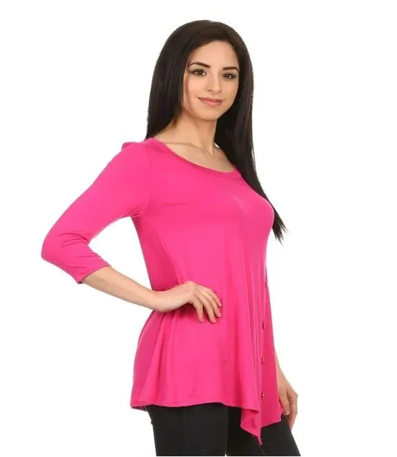 Womens Casual Top, High-Low Side Button Shirt, Sizes S/M/L/XL, Solid Pink