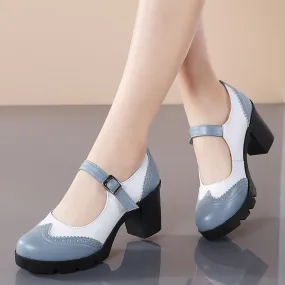 Women's Handmade Blue Genuine Leather Round Toe Square High Heels