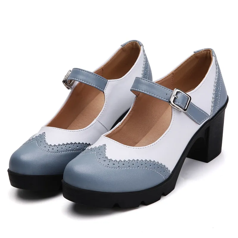 Women's Handmade Blue Genuine Leather Round Toe Square High Heels