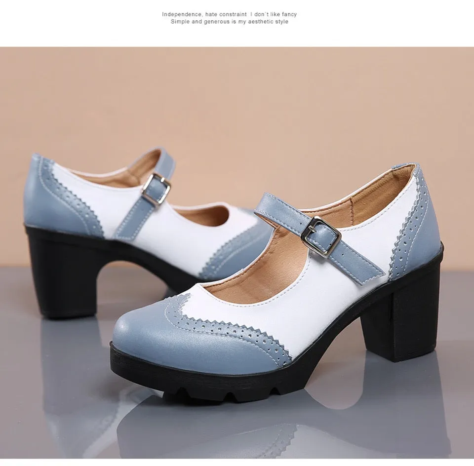 Women's Handmade Blue Genuine Leather Round Toe Square High Heels