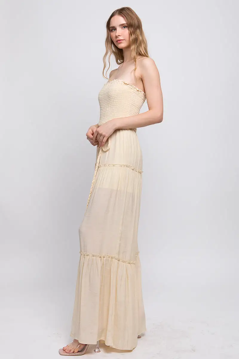 Woven Solid Sleeveless Smocked Ruffle Jumpsuit